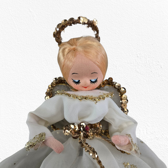 Vintage 1960s Japan Angel Tree Topper Gold Sequin Tulle Dress 8” Christmas Decor - Picture 6 of 10